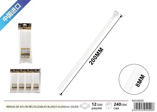[04020] Bridas de nylon reutilizables blancas 8*200 mm 20 pcs - Accesorios de ferretería