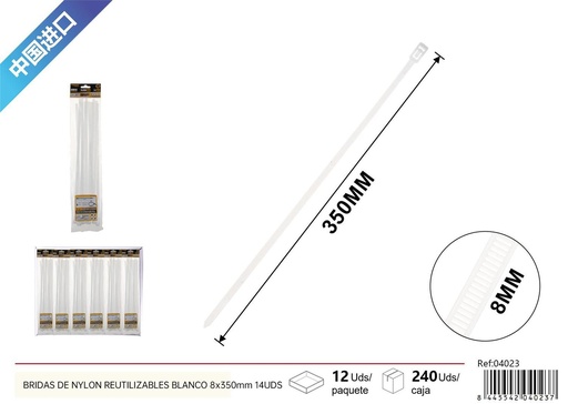 [04023]  Bridas de nylon reutilizables blancas 8*350 mm 14 pcs - Accesorios de ferretería