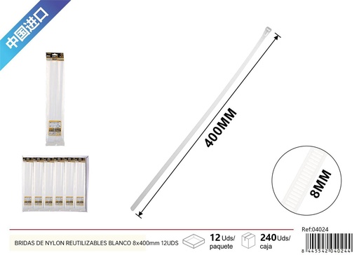 [04024] Bridas de nylon reutilizables blancas 8*400 mm 12 pcs - Accesorios de ferretería