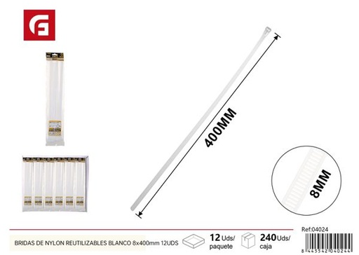 [04024] Bridas de nylon reutilizables blanco 8x400mm pack de 12 piezas