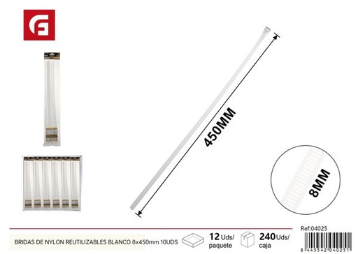 [04025] Bridas de nylon reutilizables blanco 8x450mm 10uds para sujeción