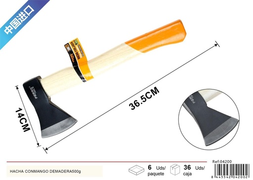 [04200] Hacha con mango de madera 500g para cortar y desbastar
