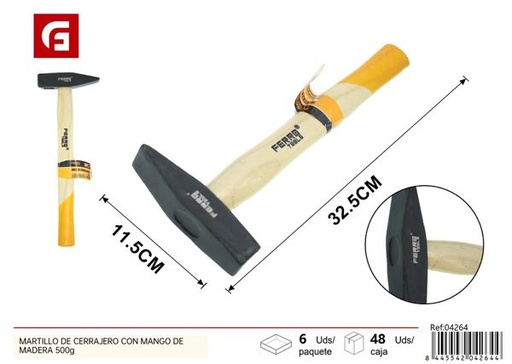 [04264] Martillo de cerrajero con mango de madera 500g para trabajos de carpintería y construcción