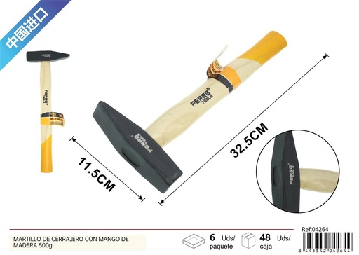 [04264] Martillo de cerrajero con mango de madera 500g para trabajos de carpintería y construcción