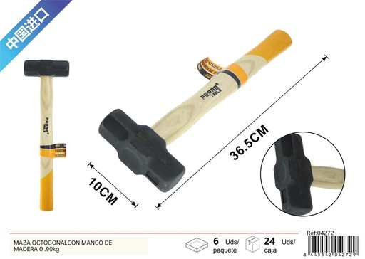 [04272] Maza octogonal con mango de madera 0.90kg para trabajos de construcción