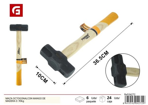 [04272] Maza octogonal con mango de madera 0.90kg para trabajos de construcción