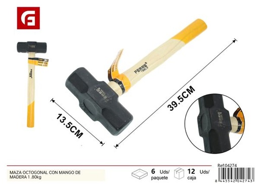 [04274] Maza octogonal con mango de madera 1.80kg para construcción