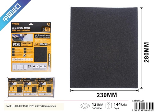 [04600] Papel de lija P120 230x280mm 5 piezas - Herramientas de ferretería