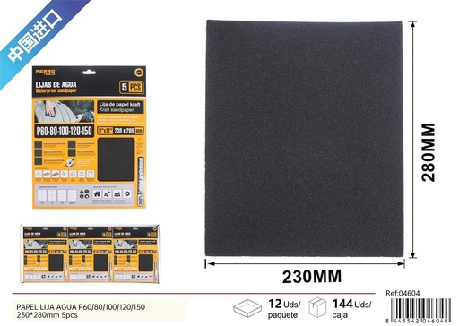 [04604] Papel lija agua P60/80/100/120/150 230x280 mm 5 piezas - Herramientas para acabado