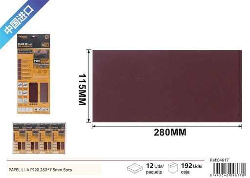 [04617] Papel Lija P120 280x115mm 5Pcs - Herramientas de Ferretería