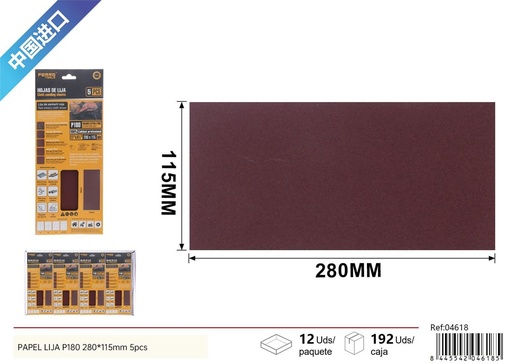 [04618] Papel Lija P180 280x115mm 5Pcs - Herramientas de Ferretería