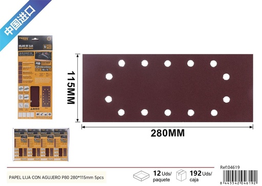 [04619] Papel lija con agujero P80 280x115mm 5pcs para lijado