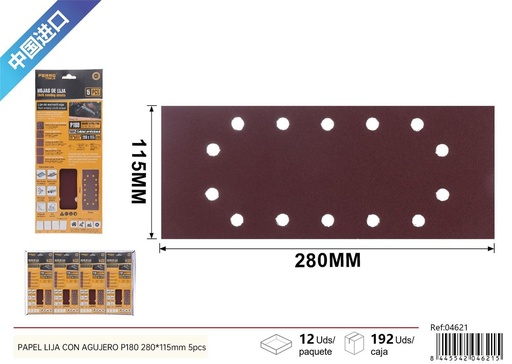 [04621] Papel lija con agujero P180 280x115mm 5pcs para lijado