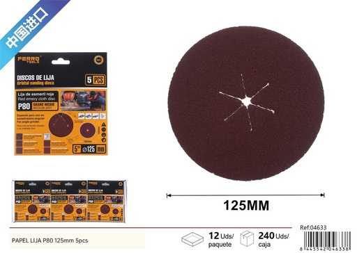 [04633] Papel lija P80 125 mm 5 piezas con pelusa - Herramientas de ferretería