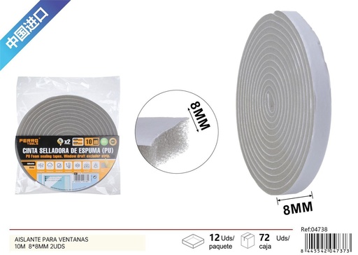 [204738] Aislante para ventanas PU+sin rastro adhesivo 10m*8mm 2pcs para aislamiento térmico