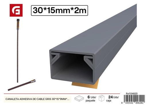 [04820] Canaleta adhesiva para cable gris 30x15x9mm 2m para organización de cables