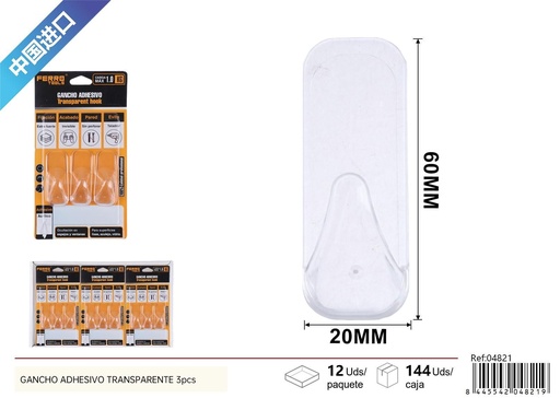 [04821] Gancho adhesivo transparente 3 piezas - Accesorios de ferretería