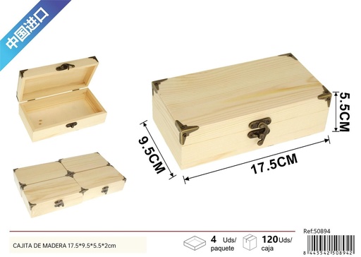 [250894] Cajita de madera rectangular pequeña 17.5x9.5x5.5 cm - Decoración para el hogar