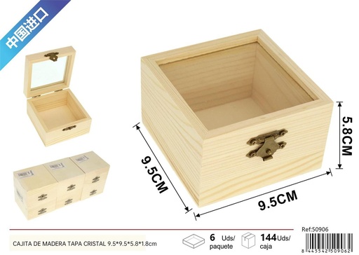 [50906] Cajita de madera con tapa de cristal 9.5x9.5x5.8x1.8cm