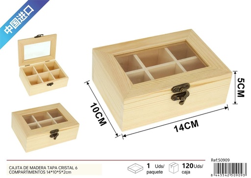 [50909] Cajita de madera con tapa de cristal 6 compartimentos 14x10x5 cm - Decoración del hogar