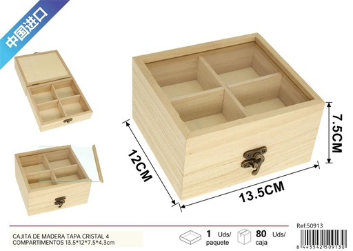 [50913] Cajita de madera con tapa cristal 4 compartimentos 13.5x12x7.5x4.3cm