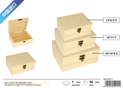 [50915] Set de 3 cajitas de madera rectangular de pino (sin esquinas redondeadas) - Decoración del hogar