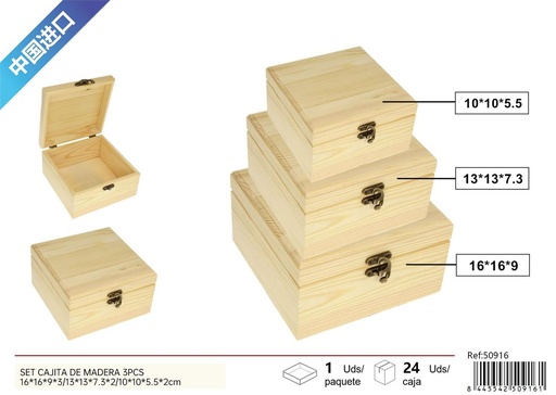 [50916] Set de 3 cajitas de madera 16x16x9 / 13x13x7.3 / 10x10x5.5 cm - Artículos decorativos