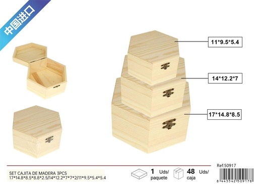 [50917] Set de cajita de madera 3 pcs 17x14.8x8.5 - Decoración del hogar