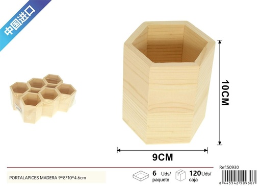 [50930] Portalápices hexagonal de madera (6pc/suction) 9x8x10x4.6cm - Decoración del hogar
