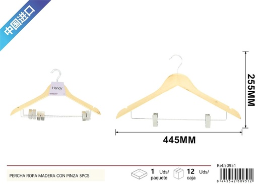[50951] Percha de ropa de madera con pinza 3 piezas - Organización del hogar