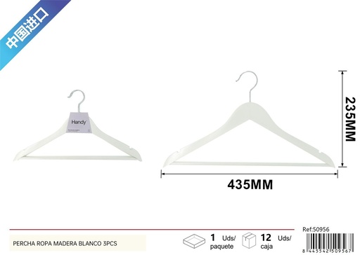 [50956] Percha de ropa de madera blanca 3 piezas - Organización del hogar y perchas