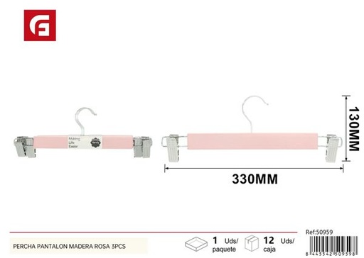 [50959] Percha para pantalón de madera rosa 3 piezas para ropas