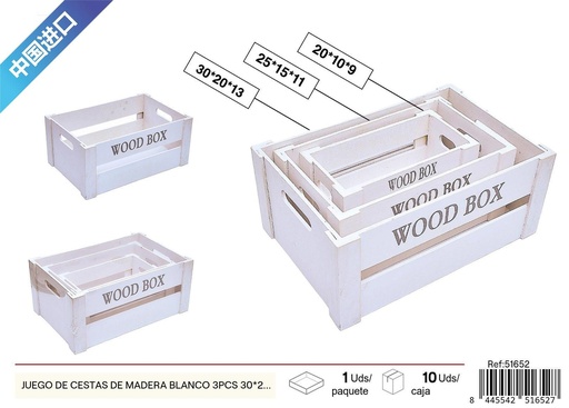 [51652] Juego de cestas de madera blancas 3 piezas 30*20*13*5.5 cm - Decoración del hogar