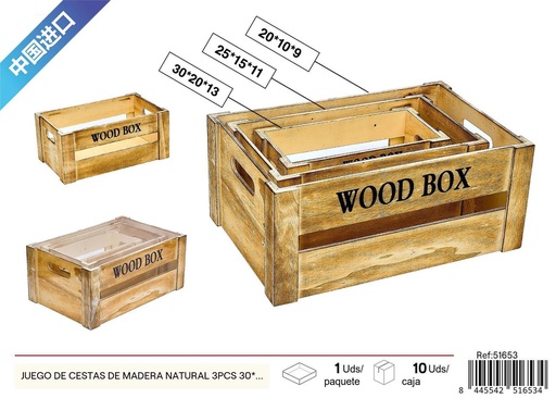 [51653] Juego de cestas de madera natural 3 piezas 30*20*13*5.5 cm - Decoración del hogar