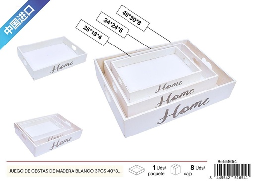 [51654] Juego de cestas de madera blancas con asas en forma de corazón 3 piezas 40*30*8 cm - Decoración del hogar