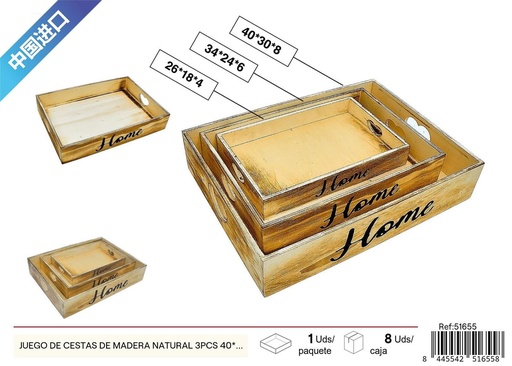 [51655] Juego de cestas de madera natural con asas en forma de corazón 3 piezas 40*30*8 cm - Decoración del hogar