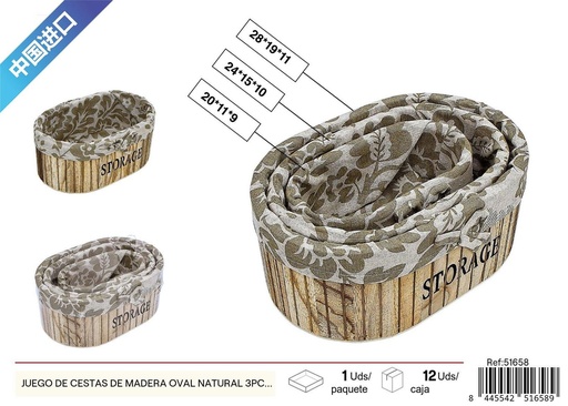 [51658] Juego de cestas de madera ovaladas naturales 3 piezas 28*19*11 cm - Decoración del hogar