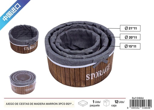 [51664] Juego de cestas de madera marrón 3 piezas Ø21*11 cm - Decoración del hogar