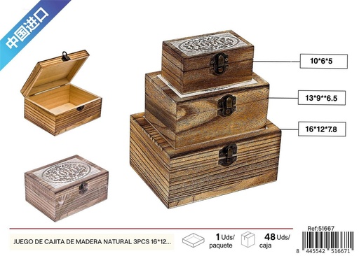 [51667] Juego de cajitas de madera natural 3pcs 16*12*7.8*2cm para almacenamiento