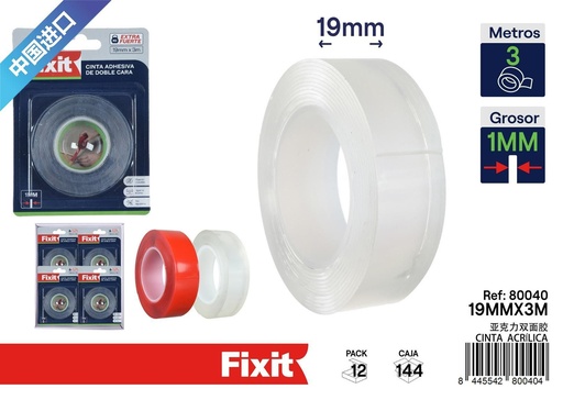 [80040] Cinta acrílica de doble cara extra fuerte 1mm x 19mm x 3m para montaje