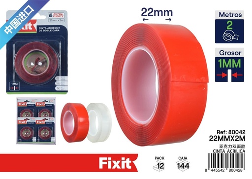 [80042] Cinta acrílica doble cara extra fuerte 1mm*22mm*2m - Cintas adhesivas