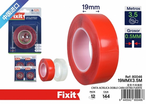 [80046] Cinta acrílica doble cara extra fuerte 0.5mm*19mm*5m para uso general