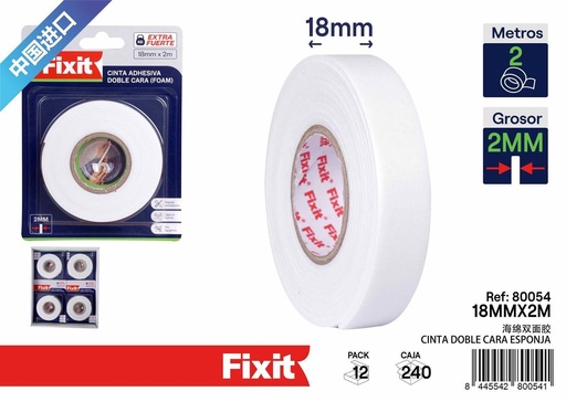 [80054] Cinta adhesiva de doble cara esponja 2mm 18mm x 2m para manualidades y reparaciones