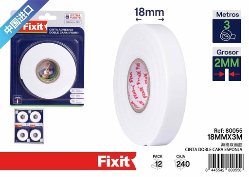 [80055] Cinta doble cara esponja 2MM 18MM X 3M - Artículos de ferretería