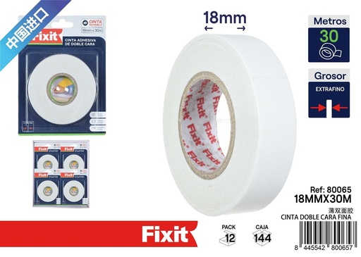[80065] Cinta adhesiva doble cara fina 18mm*30m - Suministros de embalaje
