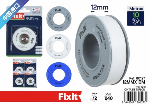 [80127] Cinta de teflón blanca azul gris 12 mm x 10 m - Cinta adhesiva