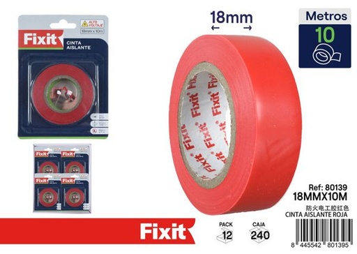 [80139] Cinta aislante roja 18mm x 10m resistente al fuego