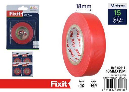 [80145] Cinta aislante roja 18mm*15m para protección eléctrica