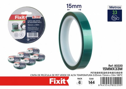 [80220] Cinta de película de PET verde de alta temperatura 0.05mm 15mm*33m 180°C para aislamiento