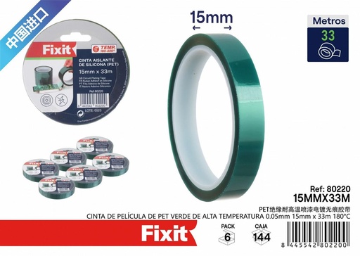 [80220] Cinta de película de PET verde de alta temperatura 0.05mm 15mm*33m 180°C para aislamiento